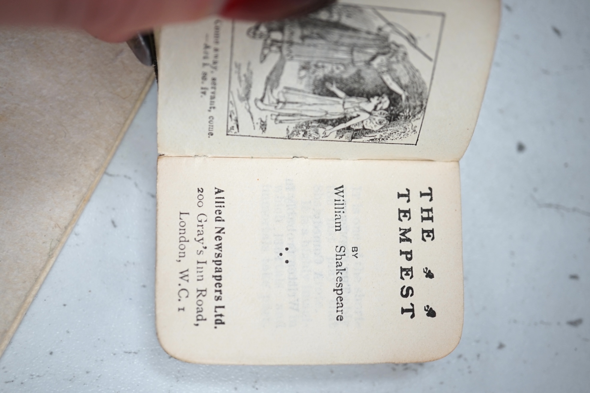 Miniature printing - The Works of Shakespeare, 40 vols, each 3.5 x 5cms, The Allied Press Newspaper, c. 1932, in custom made miniature plywood bookcase, 22.5cm high. Condition - fair to good.